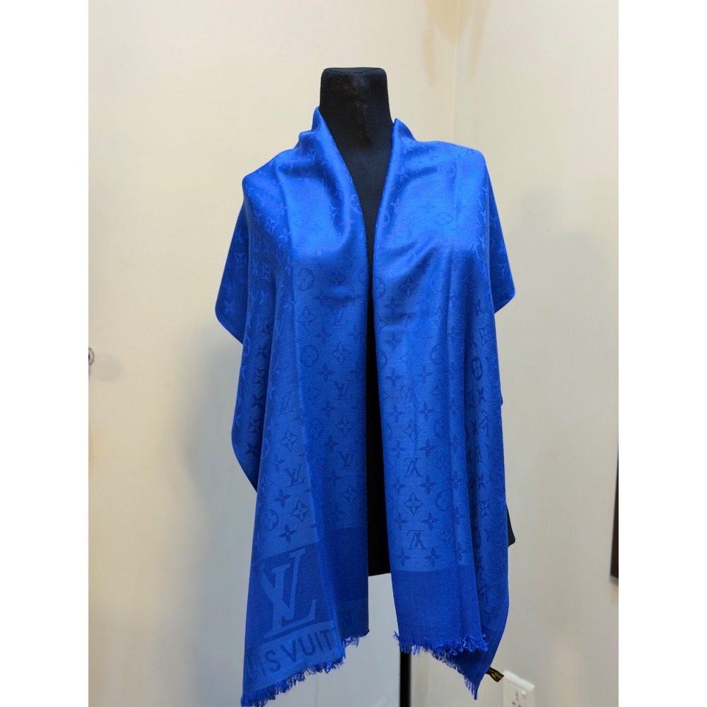 $299 flat sale Louis Vuitton Monogram Shawl Electric Blue 100% Silk Scarf